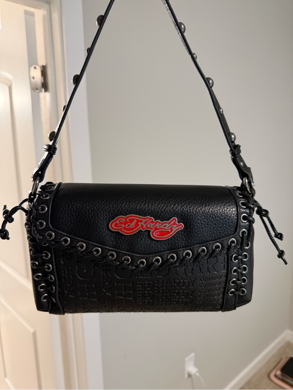 Ed Hardy Black Leather Shoulder Bag with Red Logo